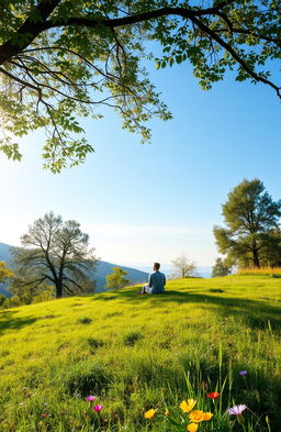 a serene landscape with a lone figure sitting on a grassy hill listening to the sounds of nature, surrounded by gently swaying trees, colorful wildflowers, and a clear blue sky, soft sunlight filtering through the leaves, creating a peaceful atmosphere