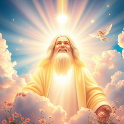 A radiant depiction of God in a celestial setting, exuding happiness and joy