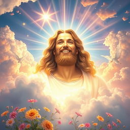 A radiant depiction of God in a celestial setting, exuding happiness and joy