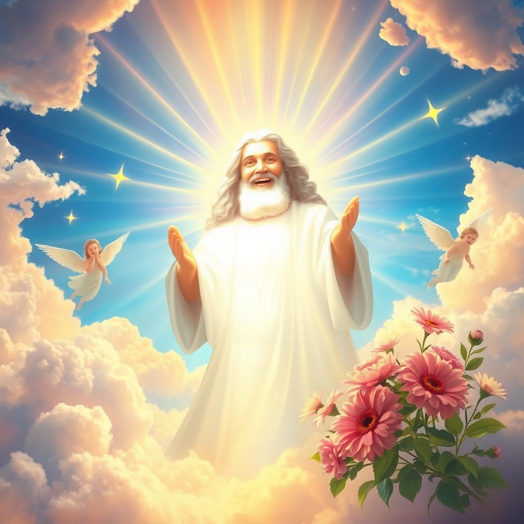 A radiant depiction of God in a celestial setting, exuding happiness and joy