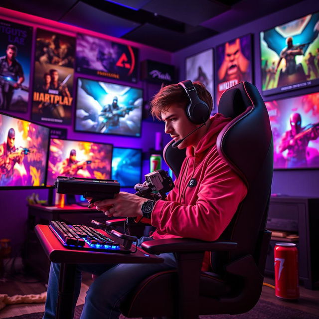 A passionate gamer seated in a high-tech gaming chair, surrounded by an array of colorful LED lights and multiple screens showing vibrant game graphics