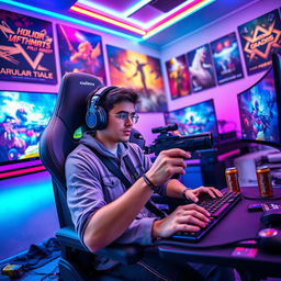 A passionate gamer seated in a high-tech gaming chair, surrounded by an array of colorful LED lights and multiple screens showing vibrant game graphics