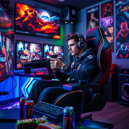 A passionate gamer seated in a high-tech gaming chair, surrounded by an array of colorful LED lights and multiple screens showing vibrant game graphics
