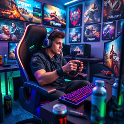 A passionate gamer seated in a high-tech gaming chair, surrounded by an array of colorful LED lights and multiple screens showing vibrant game graphics