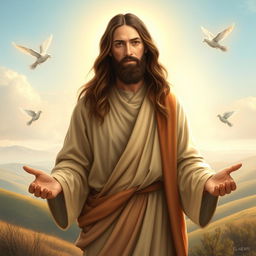 An artistic depiction of Jesus Christ, with long flowing hair and a gentle expression, wearing a traditional robe in soft earthy tones