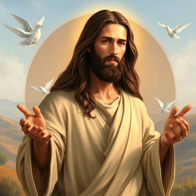 An artistic depiction of Jesus Christ, with long flowing hair and a gentle expression, wearing a traditional robe in soft earthy tones