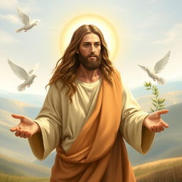 An artistic depiction of Jesus Christ, with long flowing hair and a gentle expression, wearing a traditional robe in soft earthy tones