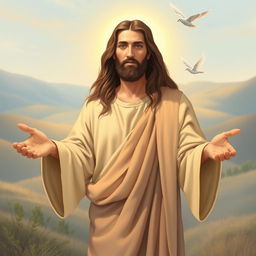 An artistic depiction of Jesus Christ, with long flowing hair and a gentle expression, wearing a traditional robe in soft earthy tones