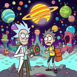 A vibrant and surreal scene inspired by the animated series Rick and Morty, featuring Rick Sanchez and Morty Smith in an adventurous setting
