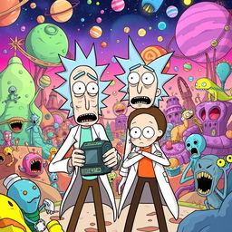 A vibrant and surreal scene inspired by the animated series Rick and Morty, featuring Rick Sanchez and Morty Smith in an adventurous setting
