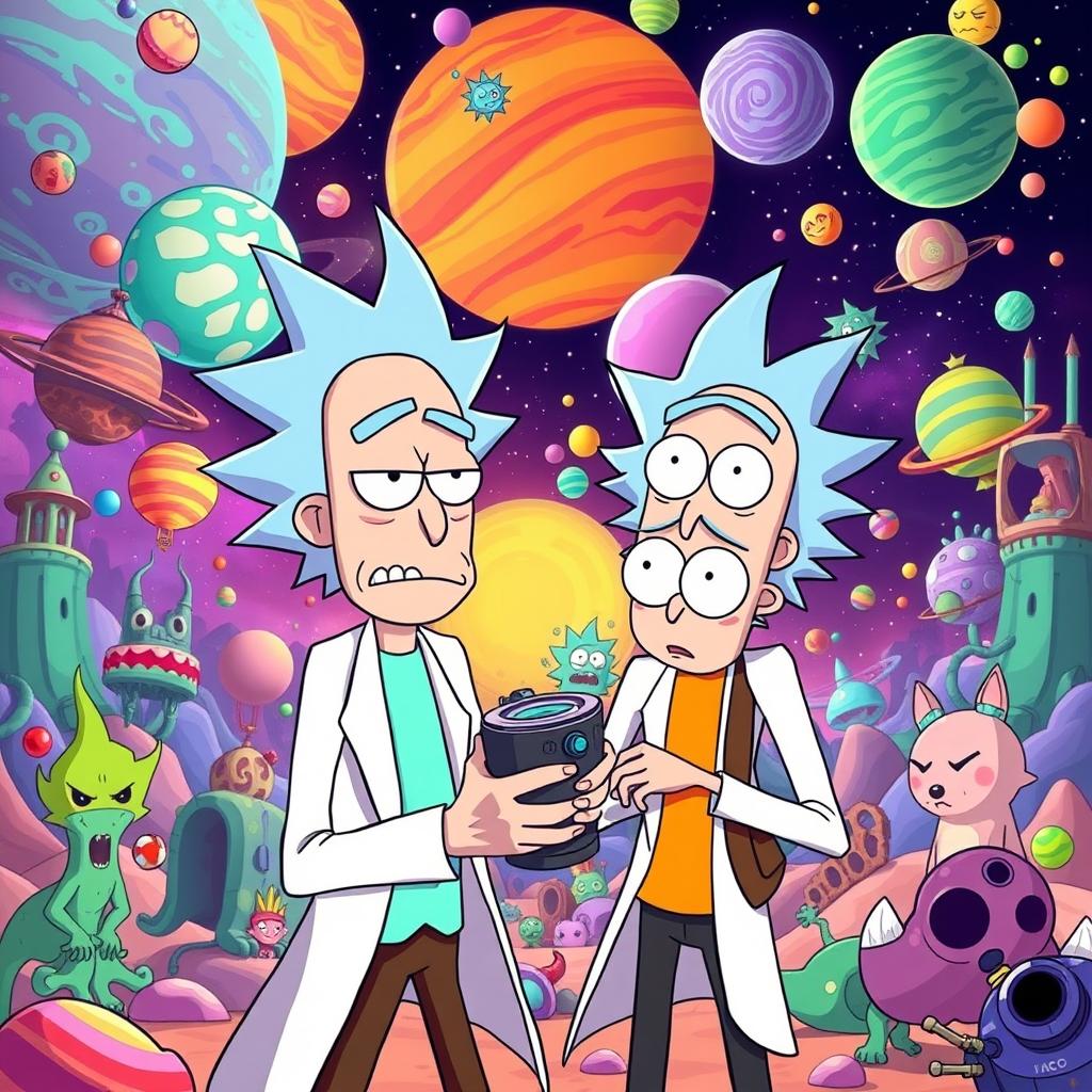 A vibrant and surreal scene inspired by the animated series Rick and Morty, featuring Rick Sanchez and Morty Smith in an adventurous setting