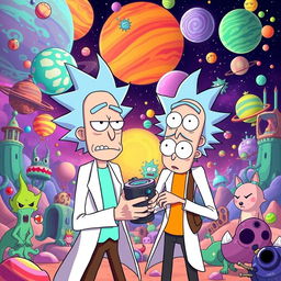 A vibrant and surreal scene inspired by the animated series Rick and Morty, featuring Rick Sanchez and Morty Smith in an adventurous setting
