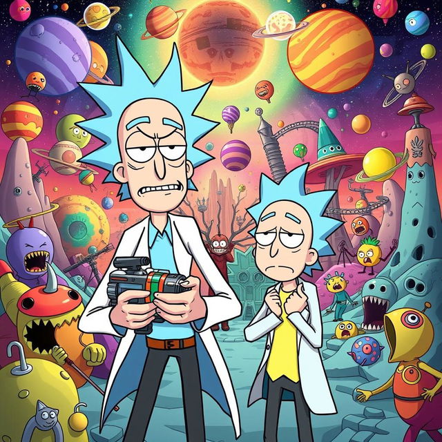 A vibrant and surreal scene inspired by the animated series Rick and Morty, featuring Rick Sanchez and Morty Smith in an adventurous setting