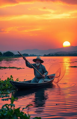A serene scene depicting a fisherman casting his net into a tranquil lake at sunset