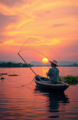 A serene scene depicting a fisherman casting his net into a tranquil lake at sunset