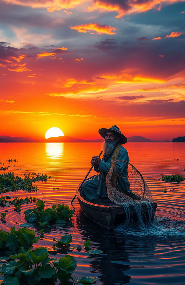 A serene scene depicting a fisherman casting his net into a tranquil lake at sunset