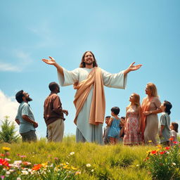 A serene and uplifting scene of Jesus Christ, portrayed as a compassionate figure, encouraging and motivating a diverse group of people from different backgrounds