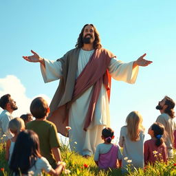 A serene and uplifting scene of Jesus Christ, portrayed as a compassionate figure, encouraging and motivating a diverse group of people from different backgrounds