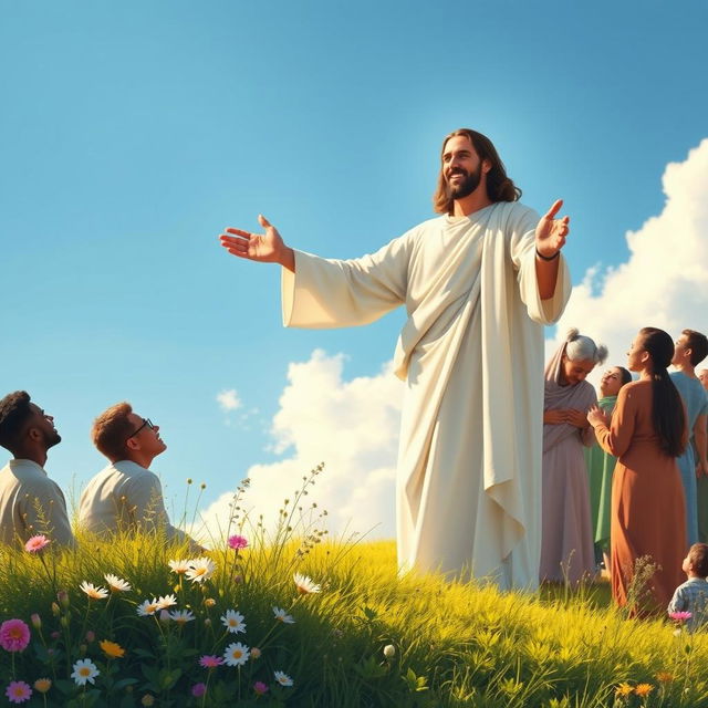 A serene and uplifting scene of Jesus Christ, portrayed as a compassionate figure, encouraging and motivating a diverse group of people from different backgrounds