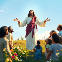 A serene and uplifting scene of Jesus Christ, portrayed as a compassionate figure, encouraging and motivating a diverse group of people from different backgrounds