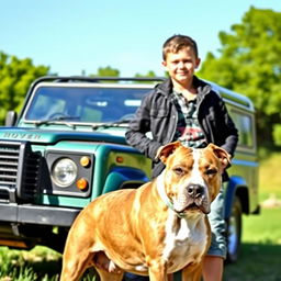 A young boy casually leaning against a rugged Land Rover, showing off a relaxed posture