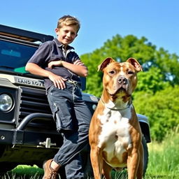 A young boy casually leaning against a rugged Land Rover, showing off a relaxed posture