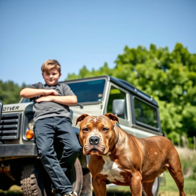 A young boy casually leaning against a rugged Land Rover, showing off a relaxed posture