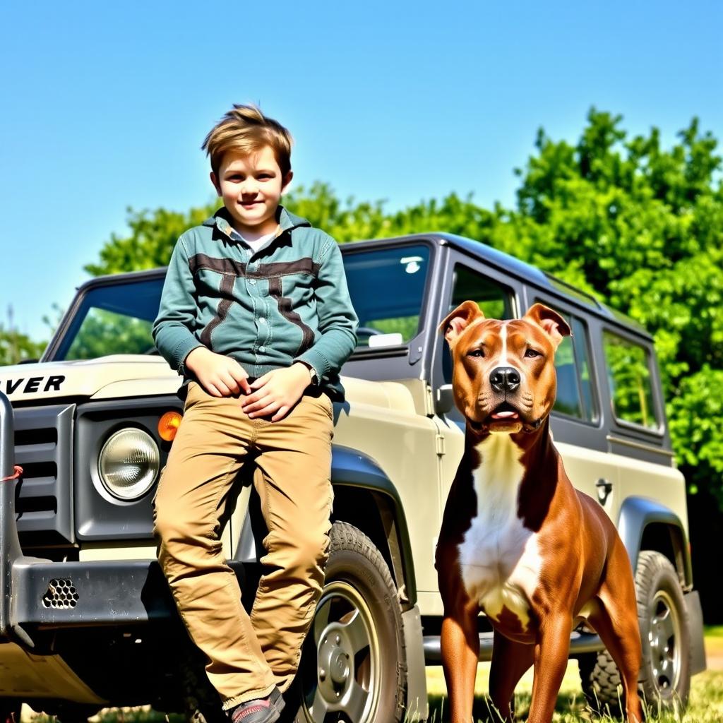 A young boy casually leaning against a rugged Land Rover, showing off a relaxed posture