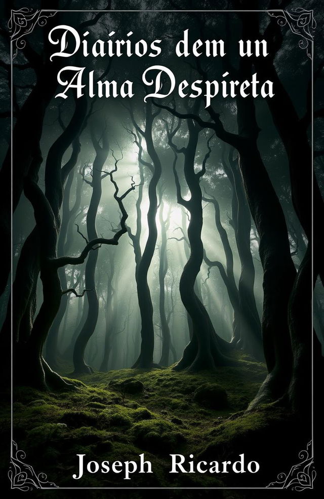 Book cover for 'Diarios de un Alma Despierta' by Joseph Ricardo, featuring a dark, mysterious forest