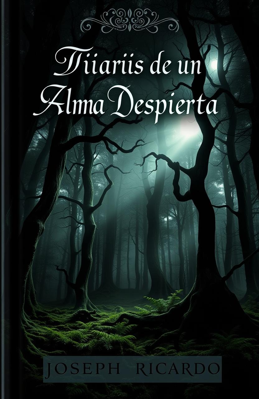 Book cover for 'Diarios de un Alma Despierta' by Joseph Ricardo, featuring a dark, mysterious forest