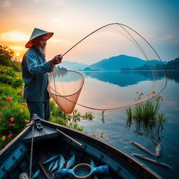 A beautiful and serene scene capturing a fisherman at work, casting his fishing net into a tranquil lake at sunrise