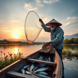 A beautiful and serene scene capturing a fisherman at work, casting his fishing net into a tranquil lake at sunrise