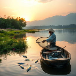 A beautiful and serene scene capturing a fisherman at work, casting his fishing net into a tranquil lake at sunrise
