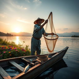 A beautiful and serene scene capturing a fisherman at work, casting his fishing net into a tranquil lake at sunrise