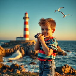 A serene documentary scene depicting a majestic lighthouse standing tall on a rugged coastline