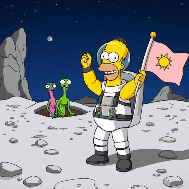 Homer Simpson dressed as an astronaut, standing on the surface of the moon