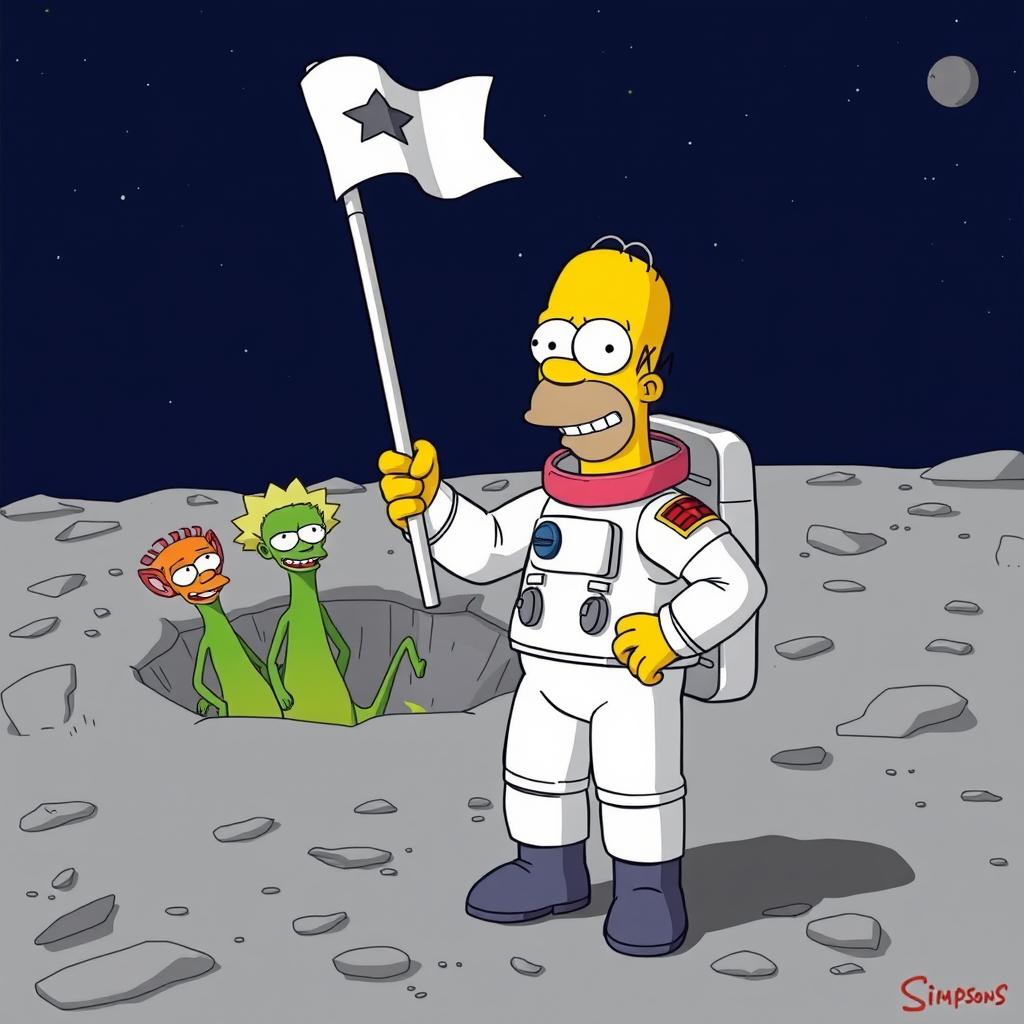 Homer Simpson dressed as an astronaut, standing on the surface of the moon