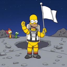 Homer Simpson dressed as an astronaut, standing on the surface of the moon