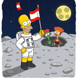 Homer Simpson dressed as an astronaut, standing on the surface of the moon