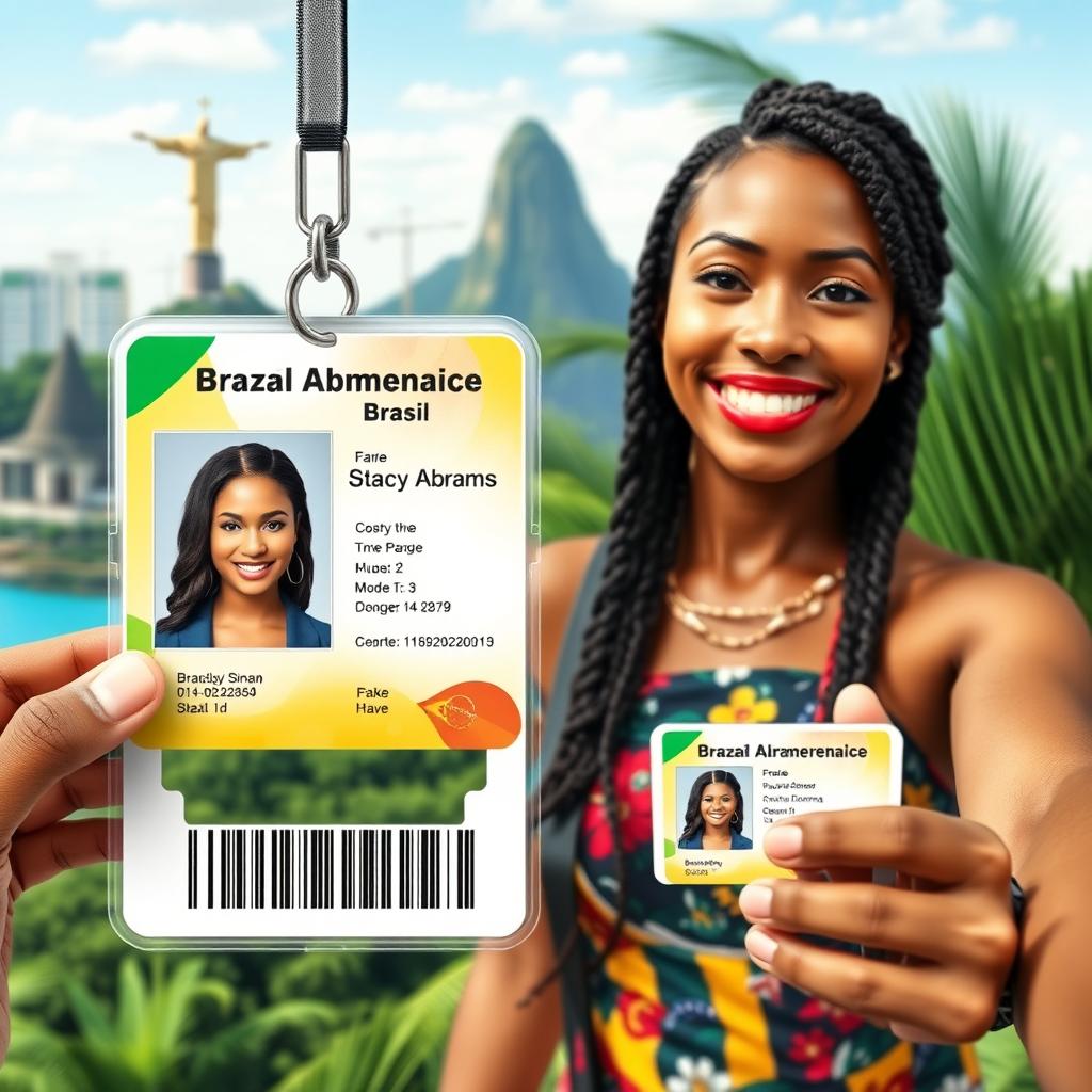 A realistic ID card featuring the name "Stacey Abrams" with a vibrant background representing Brazil, including elements like the Brazilian flag colors and iconic landmarks such as Christ the Redeemer