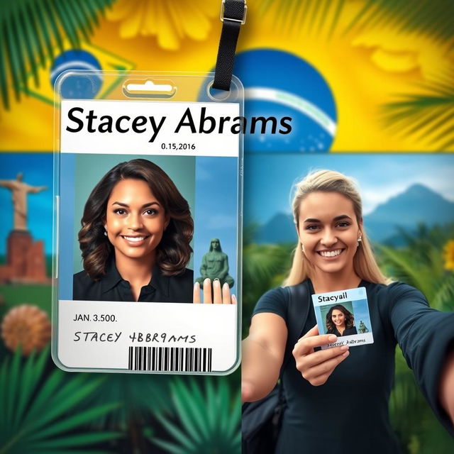 A realistic ID card featuring the name "Stacey Abrams" with a vibrant background representing Brazil, including elements like the Brazilian flag colors and iconic landmarks such as Christ the Redeemer