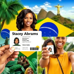 A realistic ID card featuring the name "Stacey Abrams" with a vibrant background representing Brazil, including elements like the Brazilian flag colors and iconic landmarks such as Christ the Redeemer