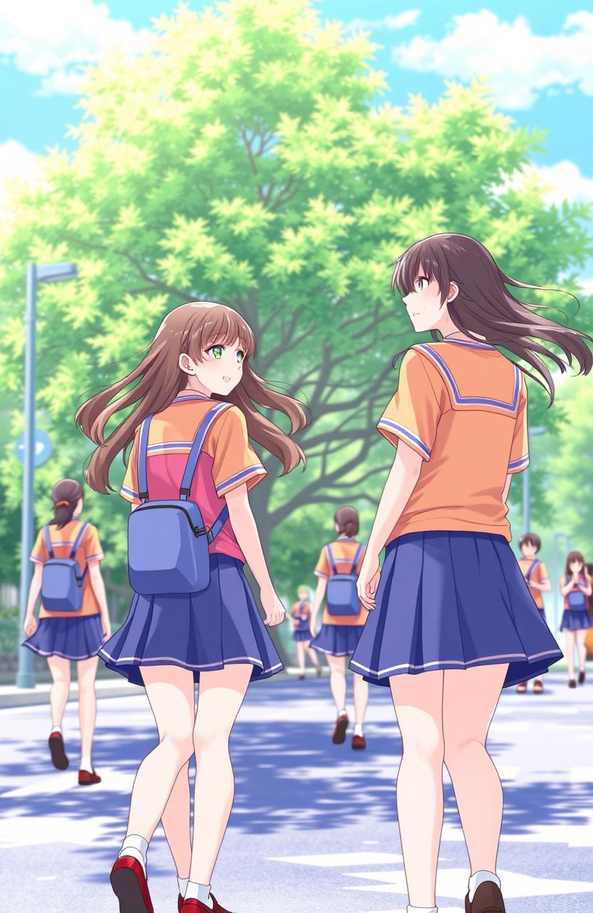 Two teams of girls, each dressed in vibrant team uniforms, looking back at one another while passing in opposite directions on a sunlit street