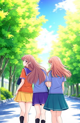 Two teams of girls, each dressed in vibrant team uniforms, looking back at one another while passing in opposite directions on a sunlit street