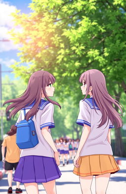 Two teams of girls, each dressed in vibrant team uniforms, looking back at one another while passing in opposite directions on a sunlit street