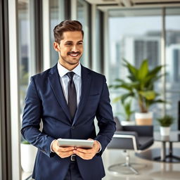 A confident businessman standing in a modern office environment, wearing a tailored dark blue suit and a crisp white shirt with a stylish tie