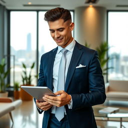 A confident businessman standing in a modern office environment, wearing a tailored dark blue suit and a crisp white shirt with a stylish tie