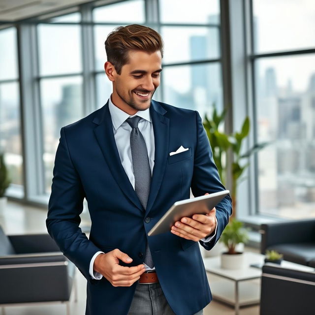 A confident businessman standing in a modern office environment, wearing a tailored dark blue suit and a crisp white shirt with a stylish tie