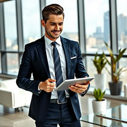 A confident businessman standing in a modern office environment, wearing a tailored dark blue suit and a crisp white shirt with a stylish tie