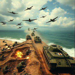 A dramatic scene depicting Japanese soldiers during World War II in 1951, advancing from the coastline in tanks, with Japanese airplanes soaring in the sky above